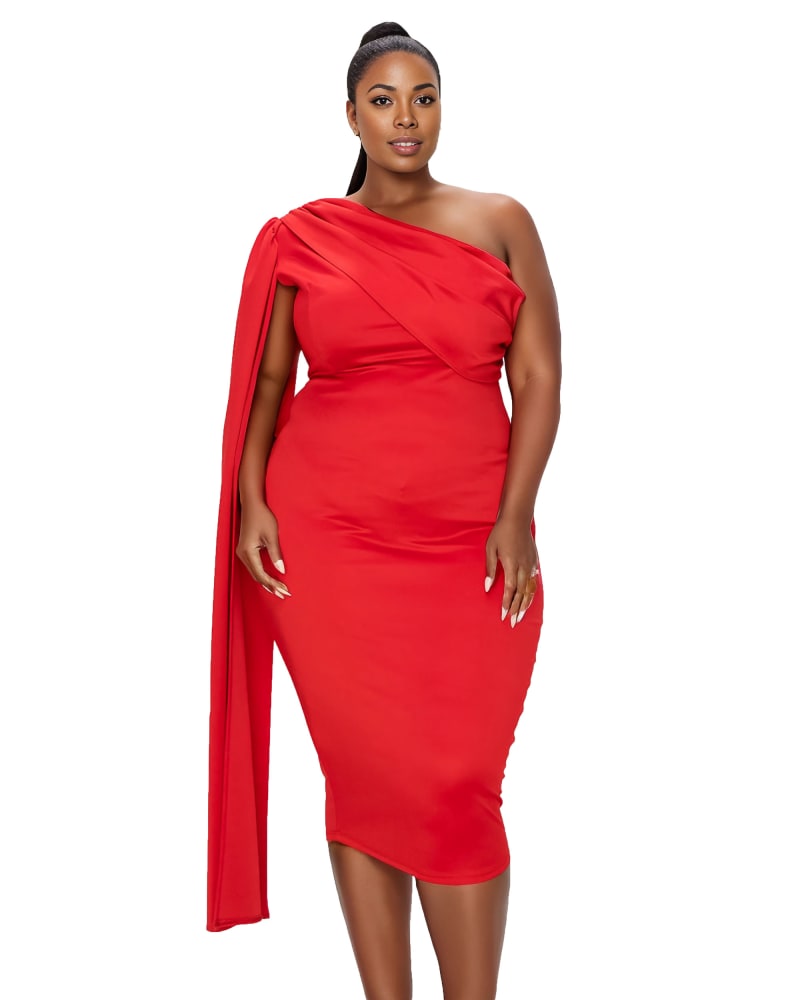 Front of a model wearing a size 3X Spade One Shoulder Cape Dress in Red by L I V D. | dia_product_style_image_id:309827